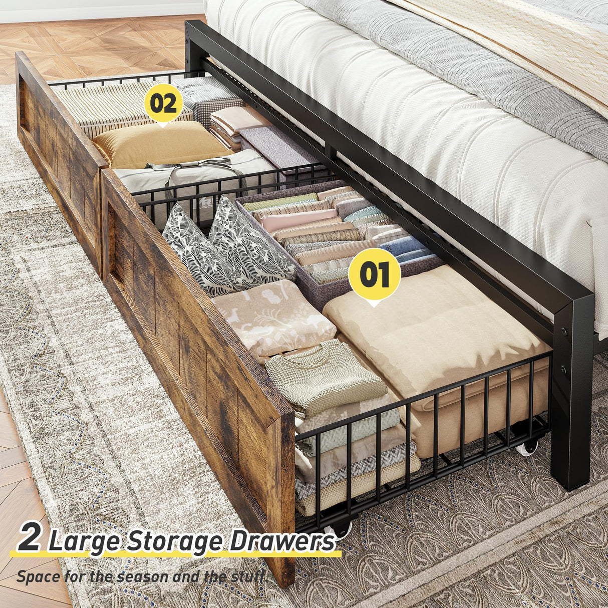 EnHomee Farmhouse King Size Bed Frame with 2 Storage Drawers & LED, Metal King Bed Frame Built in Charging Station,NO Noise,No Box Spring Needed,Brown EnHomee