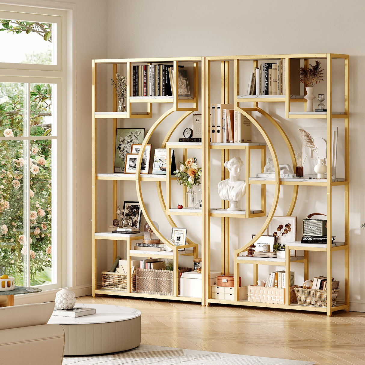 LGHM White and Gold Bookshelf Set of 2 with Metal Frame, 5 Tier Geometric Bookcase, Adjustable Modern Book Shelf with 18 Open Storage Shelves, Display Shelf for Living Room, Office, Bedroom LGHM