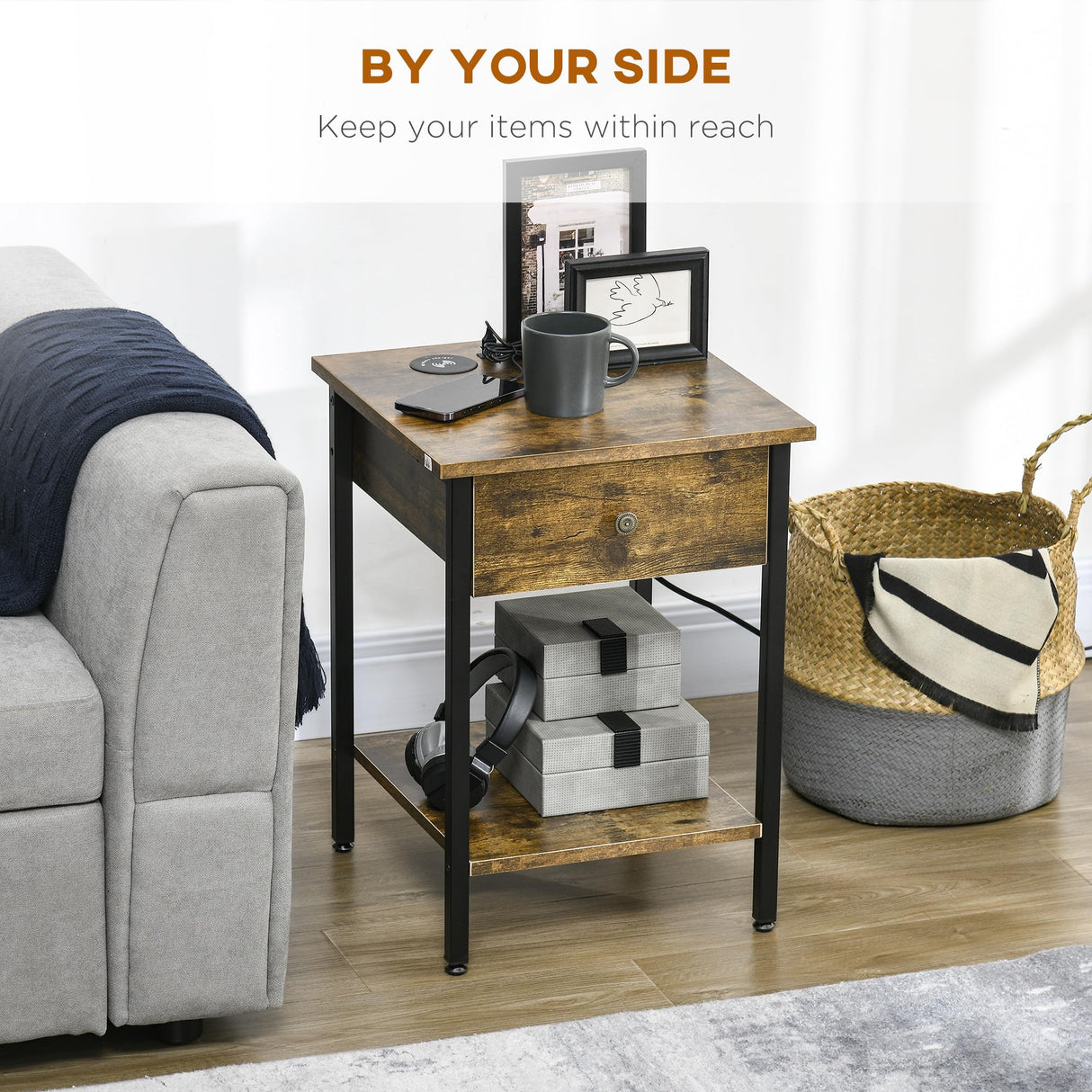 HOMCOM Side Table with Wireless Charging Station and 2 USB Ports, 2-Tier Small End Table with Storage, Drawer for Living Room, Rustic Brown HOMCOM