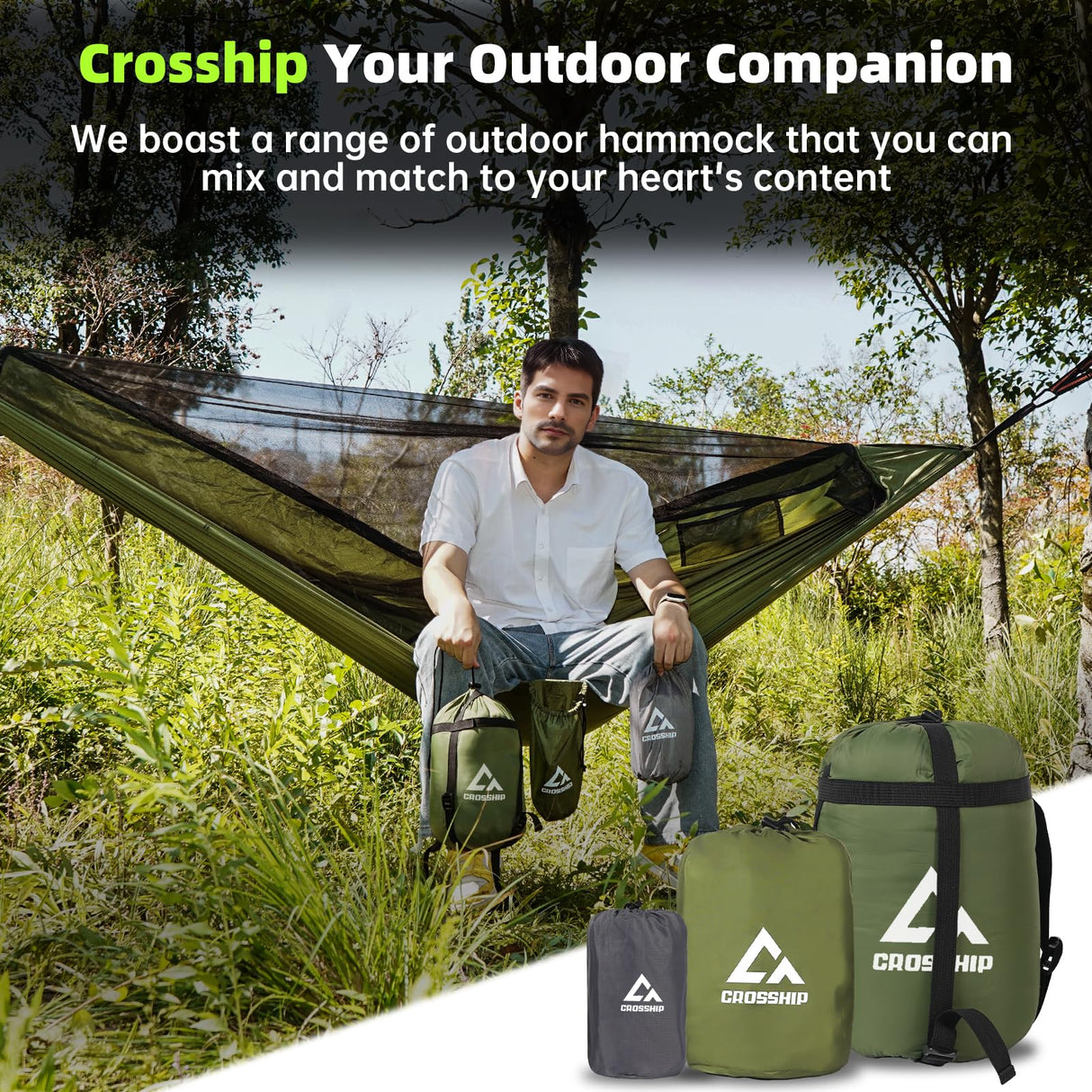 CROSSHIP Camping Hammock with Mosquito Net, 2 Person Hammock Tent, Portable, Parachute Nylon for Indoor, Outdoor, Hiking, Backpacking, Backyard, Beach, Travel (Hold Up to 500lbs) CROSSHIP