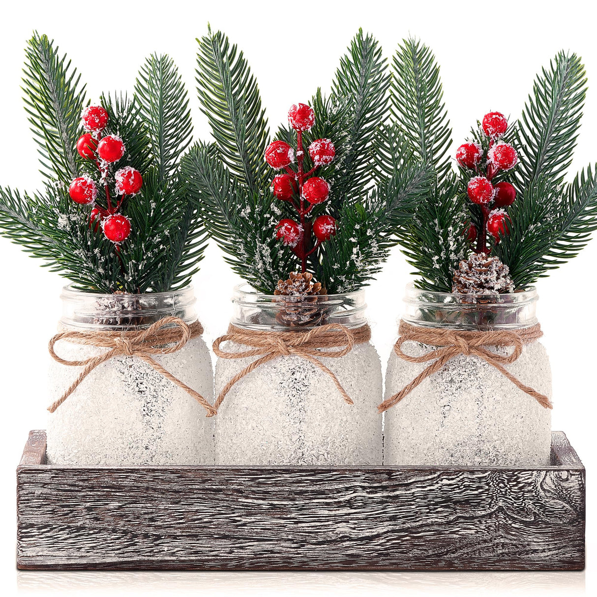 KIVIVO Christmas Centerpieces for Tables, Table Decor with Mason Jar, Flowers Picks, Farmhouse Wood Tray, 23 Pcs Christmas Winter Table Decorations Centerpieces, Xmas Holiday, Kitchen, Dining Decor KIVIVO