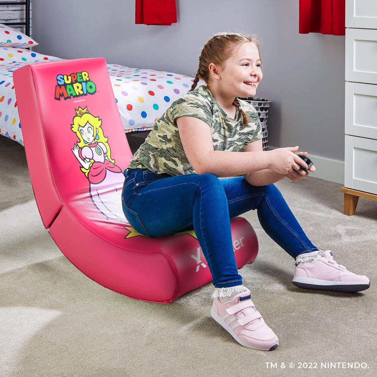 X Rocker Super Mario Peach Video Gaming Floor Chair, Official All-Star Edition Nintendo Collectible, Faux Leather, Foldable, 5000201, 33.46" x 16.14" x 25.59", Princess Peach Pink X Rocker