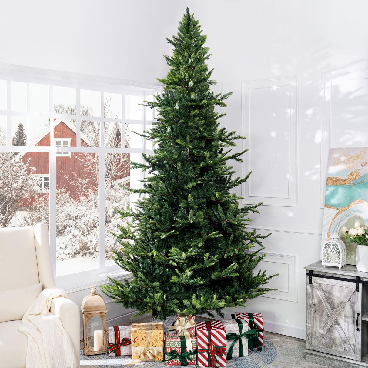 Naomi Home 9ft Nordic Christmas Tree with Lights, Realistic Charming Christmas Tree Prelit with 2106 Branch Tips, 1100 Warm Lights and Metal Stand, Aritificial Christmas Tree Naomi Home
