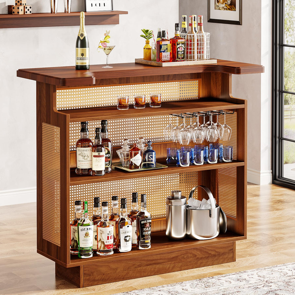 Tribesigns Caramel Brown Farmhouse Rattan Bar Cabinet with 4 Stemware Racks and Ample Storage Tribesigns