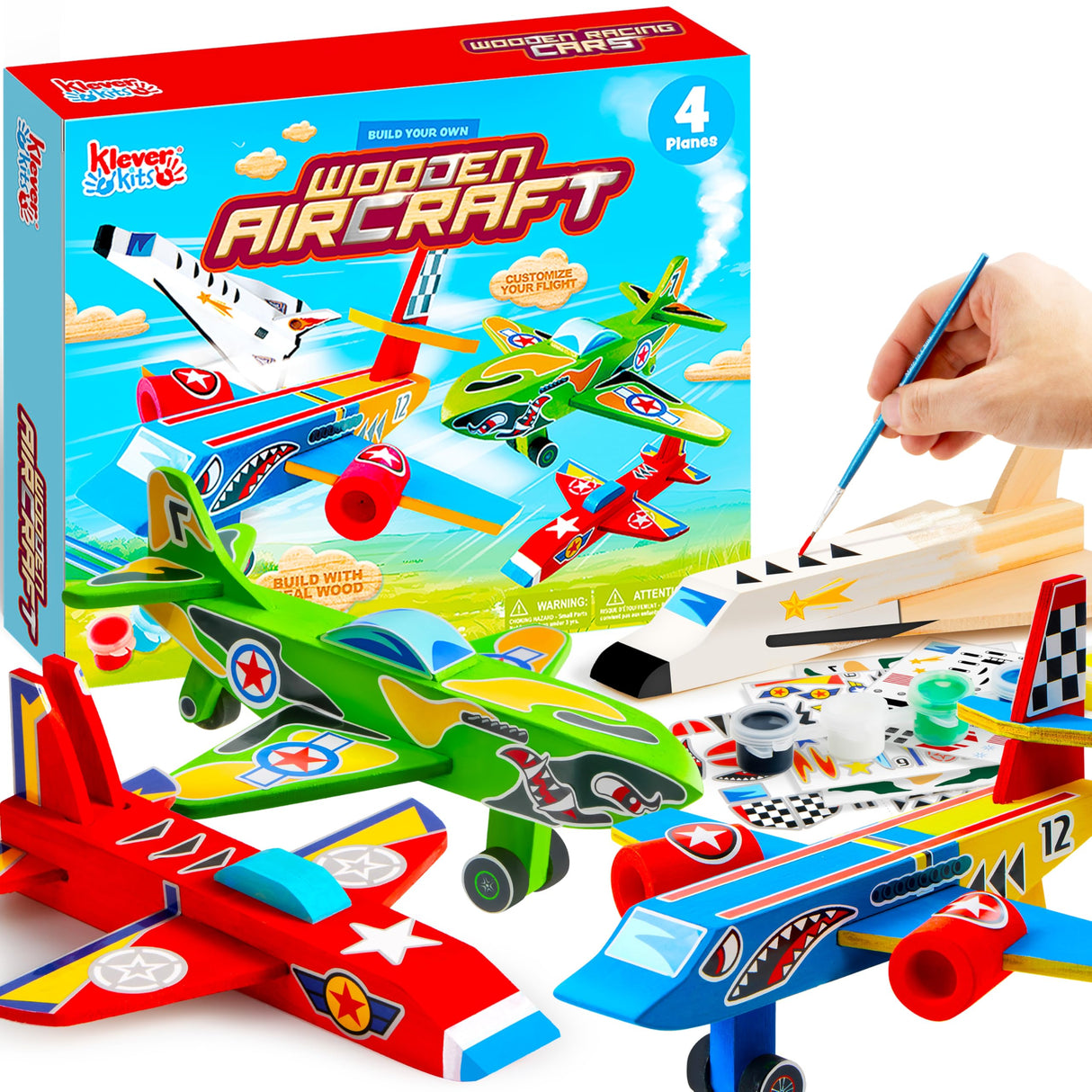 Klever Kits 4 DIY Wooden Aircrafts-Build & Paint Your Own Wooden Airplane Craft Kit, Art & Craft Kit DIY Projects, Easy to Assemble Birthday Gifts for Boys 6-12 Year Old Klever Kits