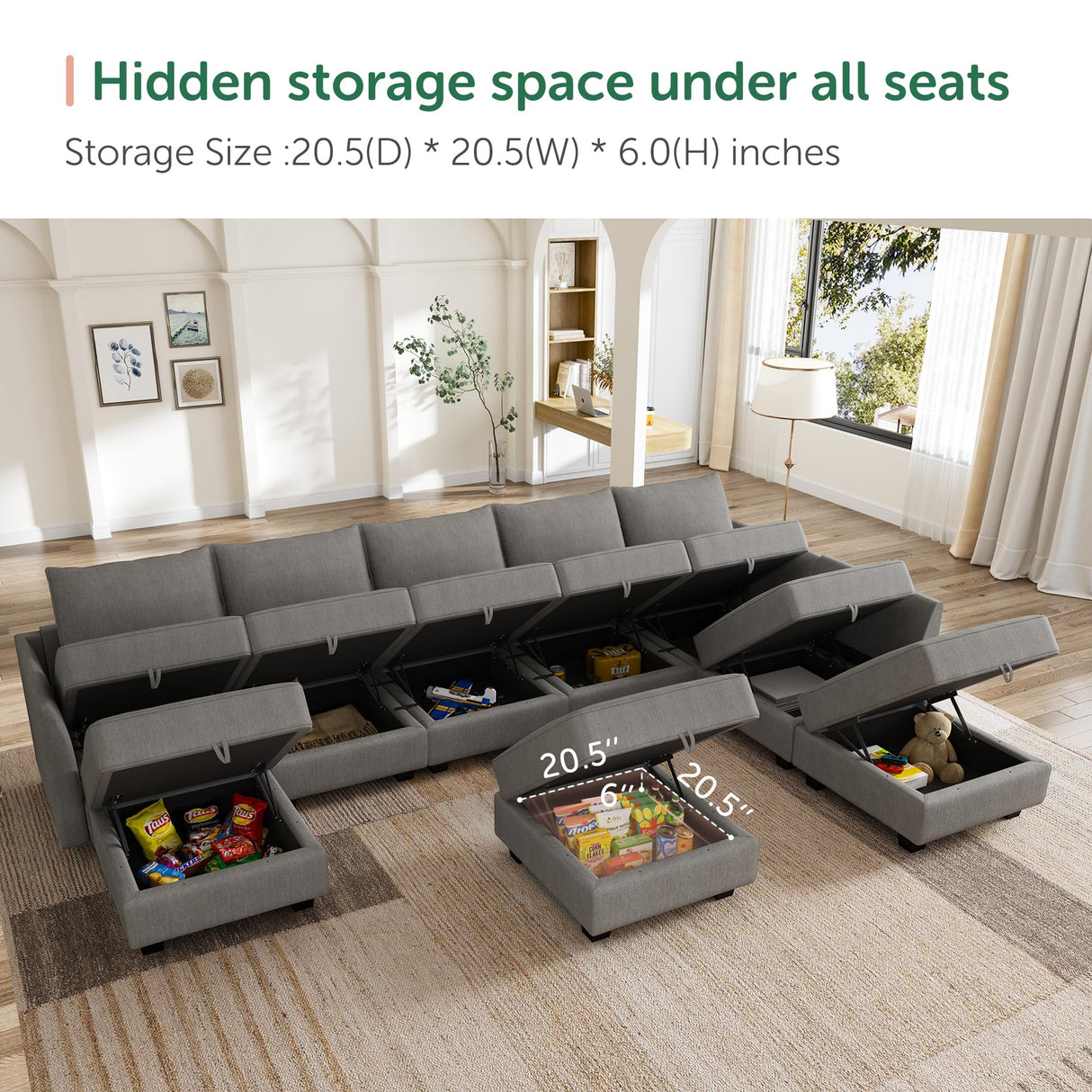 HONBAY Oversized Modular Sectional Sofa with Storage Seats Reversible Sectional Couch with Ottomans U Shaped Modular Sectional Couch for Living Room, Grey HONBAY