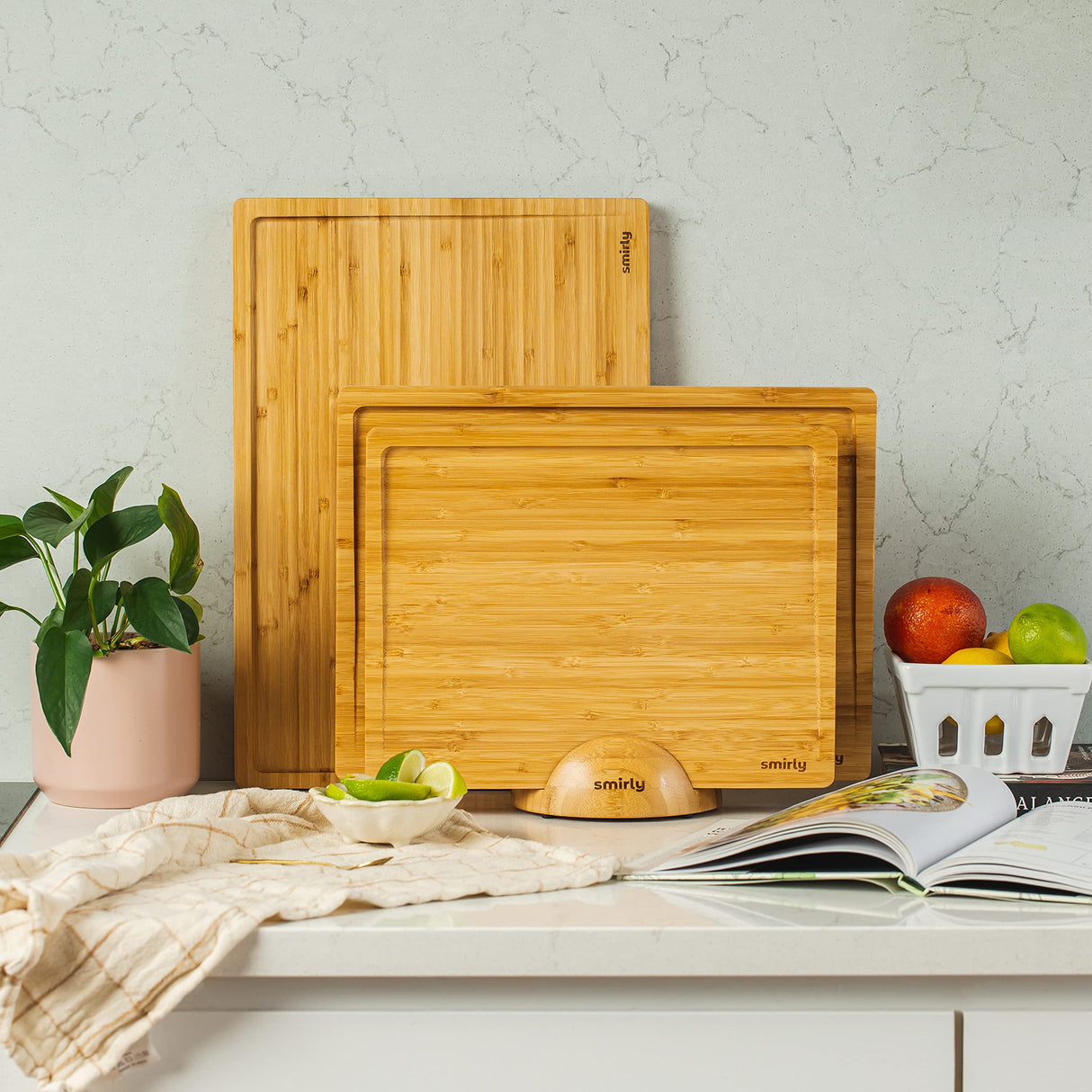SMIRLY Wood Cutting Boards For Kitchen - Bamboo Cutting Board Set with Holder, Wood Cutting Board Set, Cutting Board Wood, Wooden Chopping Board, SMIRLY