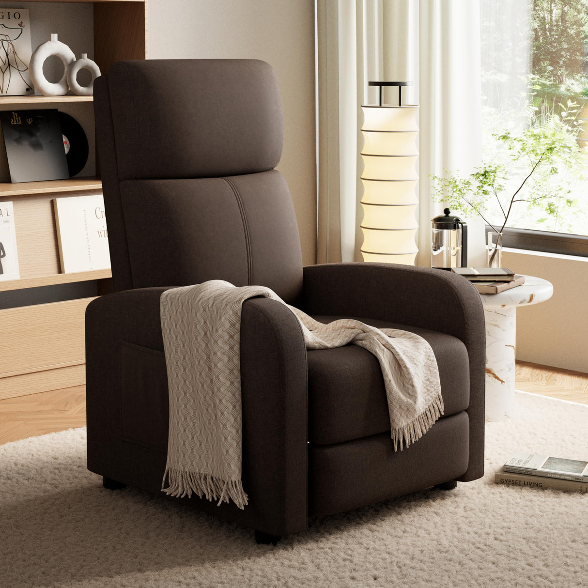 GarveeHome Linen Fabric Manual Recliner Chair, with Side Pocket, High Backrest, Thick Cushion, Adjustable Push Back Recliner, Lazy Lounge Chair for Living Room, Home Theater, Bedroom, Brown GarveeHome