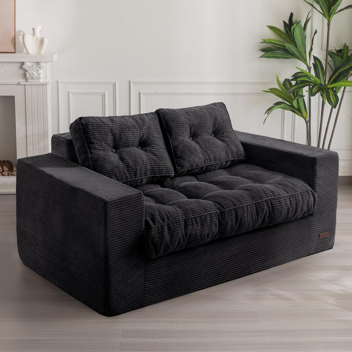 MAXYOYO Bean Bag Chair for Adults, Upholstered Floor Sofa with Armrests, Loveseat Boneless Couch with Tufted Cushion & Backrest, Sofa in A Box, Large Bean Bag Couch for Bedroom Living Room, Black MAXYOYO