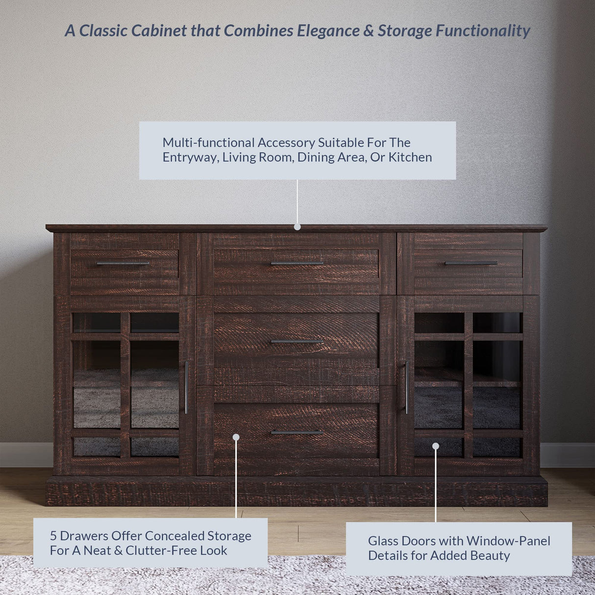 BELLEZE Sideboard Buffet Console Table, Versatile Media Cabinet with Drawers and Adjustable Shelves - 58 Inch - Astorga (Espresso) BELLEZE