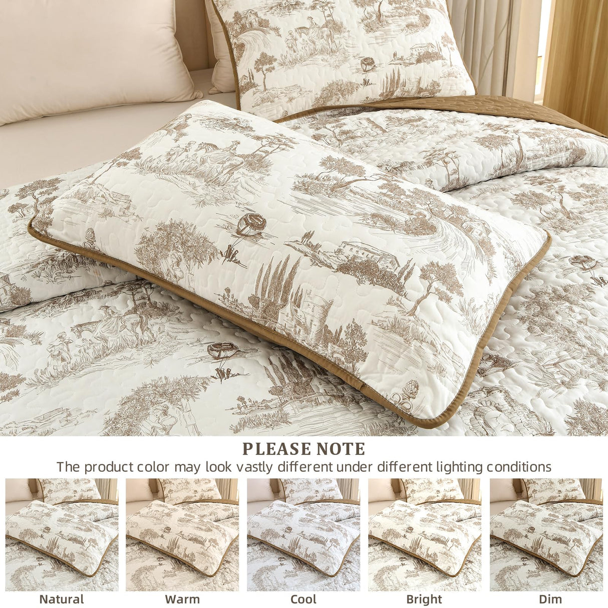 Drucon Khaki Quilt Set King Size, Toile Farmhouse Bedspreads, 3 Pieces Rustic Village Landscape Printed Coverlet, Soft Microfiber Quilt Bedding Set for All Season (106x90 Inch) Drucon