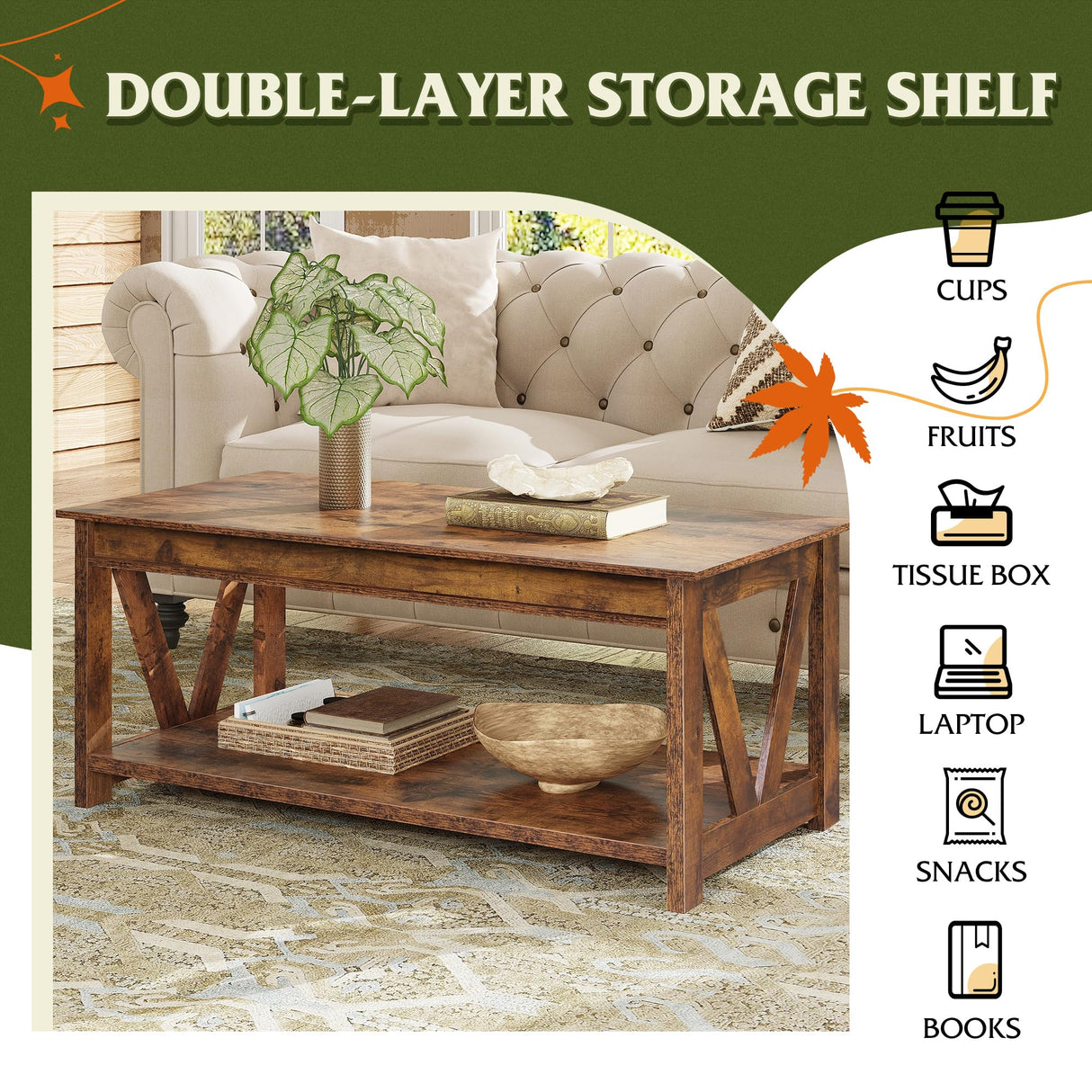 WLIVE Farmhouse Coffee Table,Living Room Table with Storage,43 in Wood Center Table with V-Shaped Frame for Home Office,Apartment,Rustic Brown WLIVE