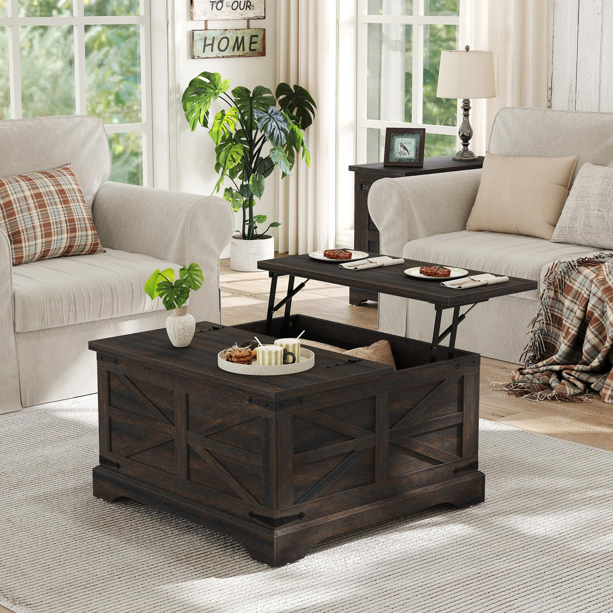 Furnideco Square Coffee Table with Storage Farmhouse Coffee Table with Lifting Top Modern Wood Center Table for Living Room Home Office, Dark Brown Furnideco
