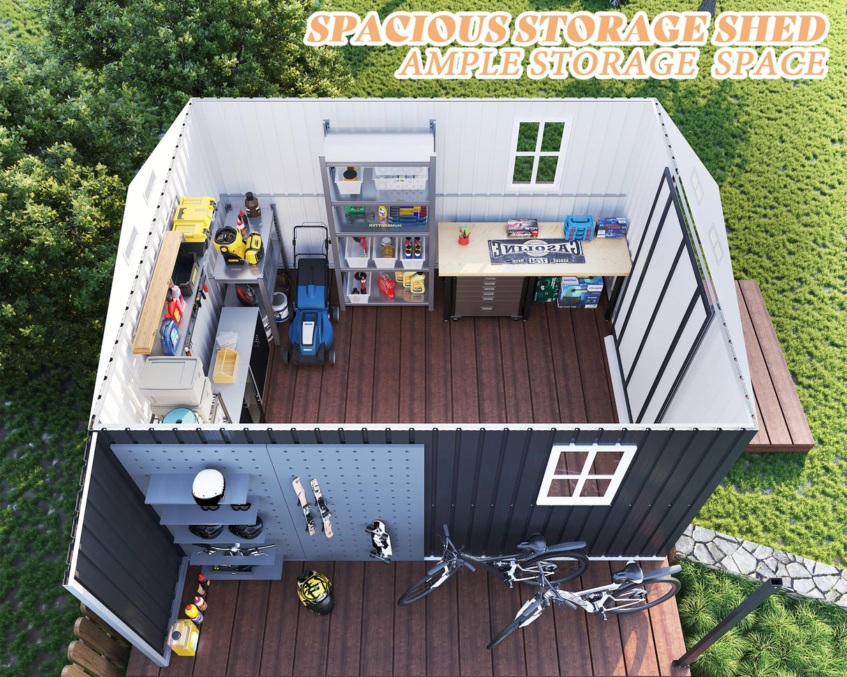 AMERLIFE 10.6x10.3x6.3 FT Metal Storage Shed with Sliding Doors Two 4-Pane Windows, Open Outdoor Shed for Wood Storage, Dark Grey/White AMERLIFE