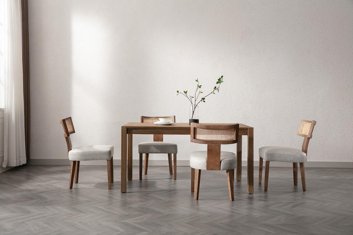 BESTANO Rattan Farmhouse Dining Chair Set of 4, Faux Leather Upholstered Cane Dining Chair with Curved Backrest and Natural Wood Legs, Mid Century Modern Dining Chairs Armless Side Chair, Grey BESTANO