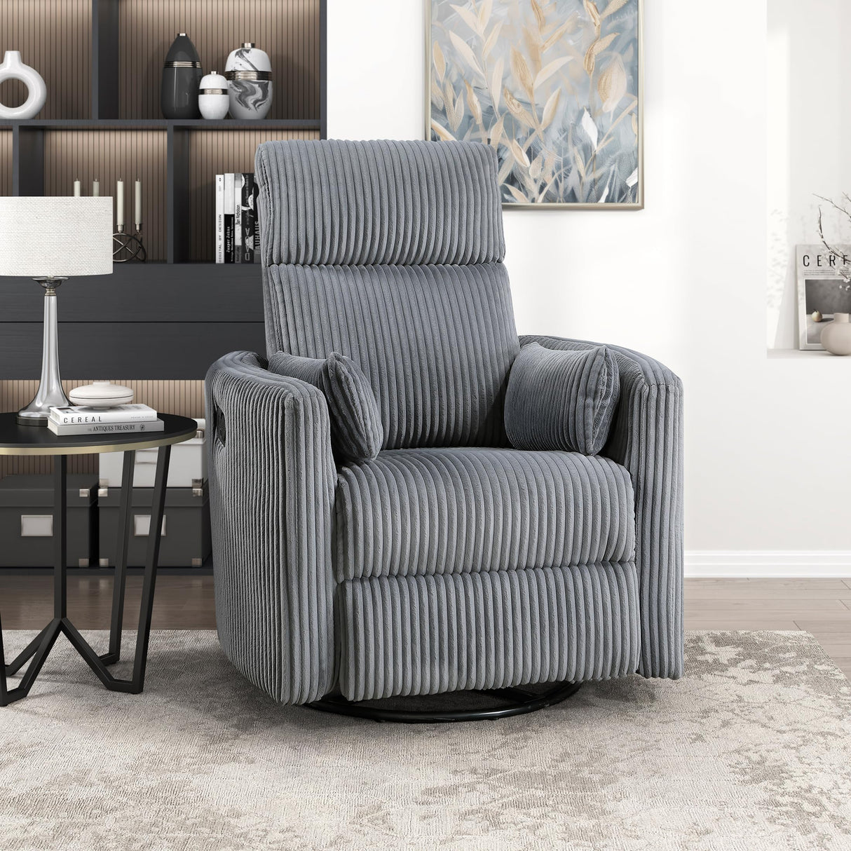 Lexicon Modern Swivel Glider Recliner Chair, Nursery Glider, Corduroy Fabric Upholstery Recliner with 2 Lumbar Pillows, Manual Reclining Sofa Chair for Living Room/Office/Apartment, Grey Lexicon