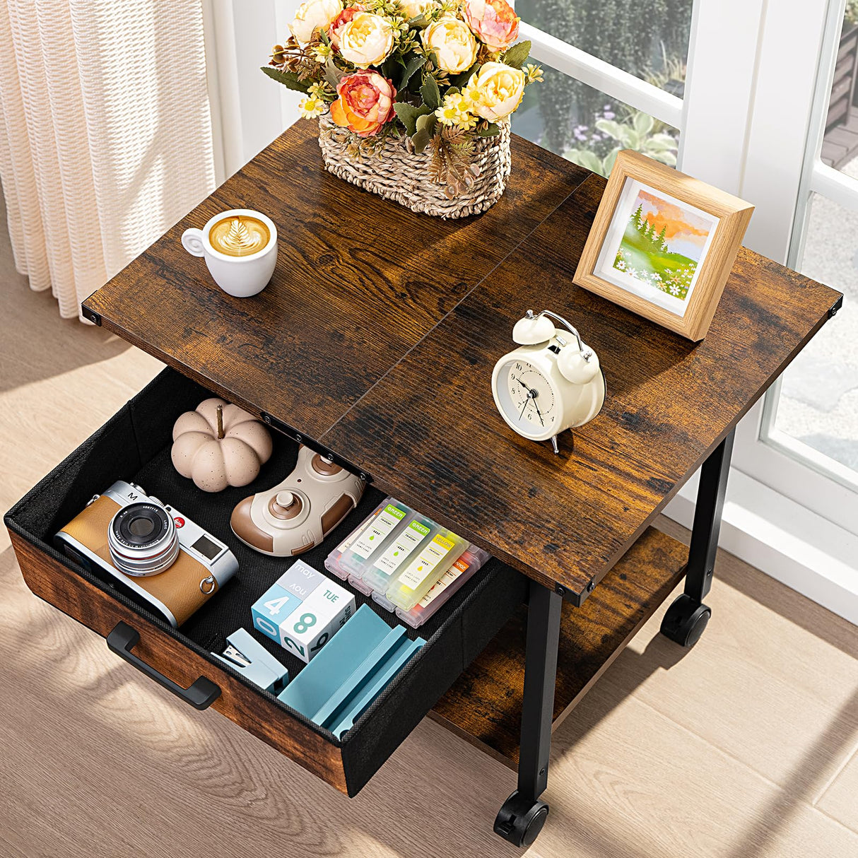 Lerliuo Under Desk Rolling Printer Stand with Drawer, 2-Tier Industrial Mobile Printer Table Desk with Storage Shelf and Steel Frame, Printer Cart Holder with Lockable Wheels for Home, Office (Brown) Lerliuo