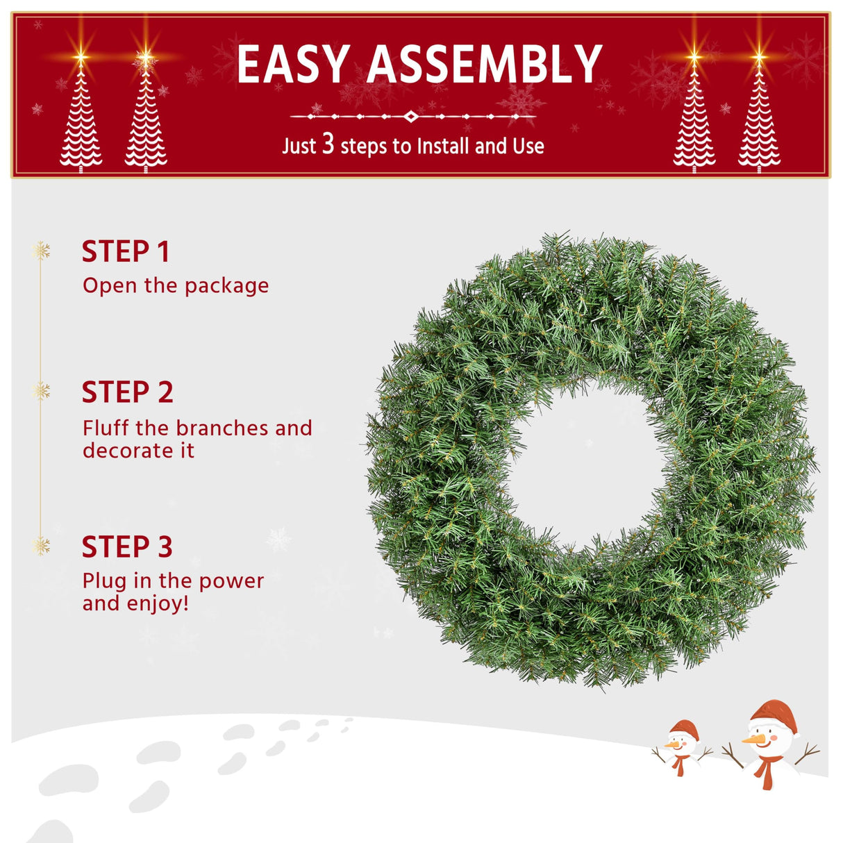 Yaheetech 30in Large Artificial Christmas Wreath, Pre-lit Holiday Accent Decoration with Red Bow, 110 LED Lights & 300 PVC Tips, Metal Structure for Door Wall & Mantel Yaheetech