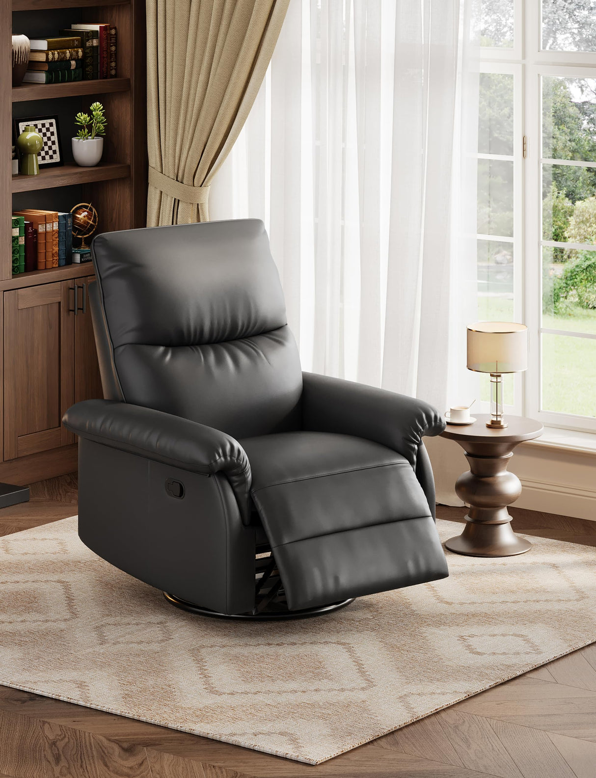 IDEALHOUSE Manual Recliner Chair, 360° Swivel Rocker Glider Recliner with Padded Armrests, Modern PU Leather Upholstered Reclining Chair for Living Room Bedroom and Nursery (Black) IDEALHOUSE