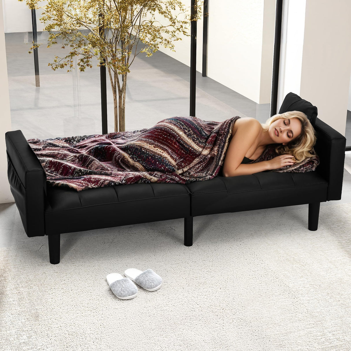 ECOTOUGE Faux Leather Futon Couch, Convertible Sofa Bed with Adjustable Back, Modern Sleeper Sofa for Living Room, Black ECOTOUGE