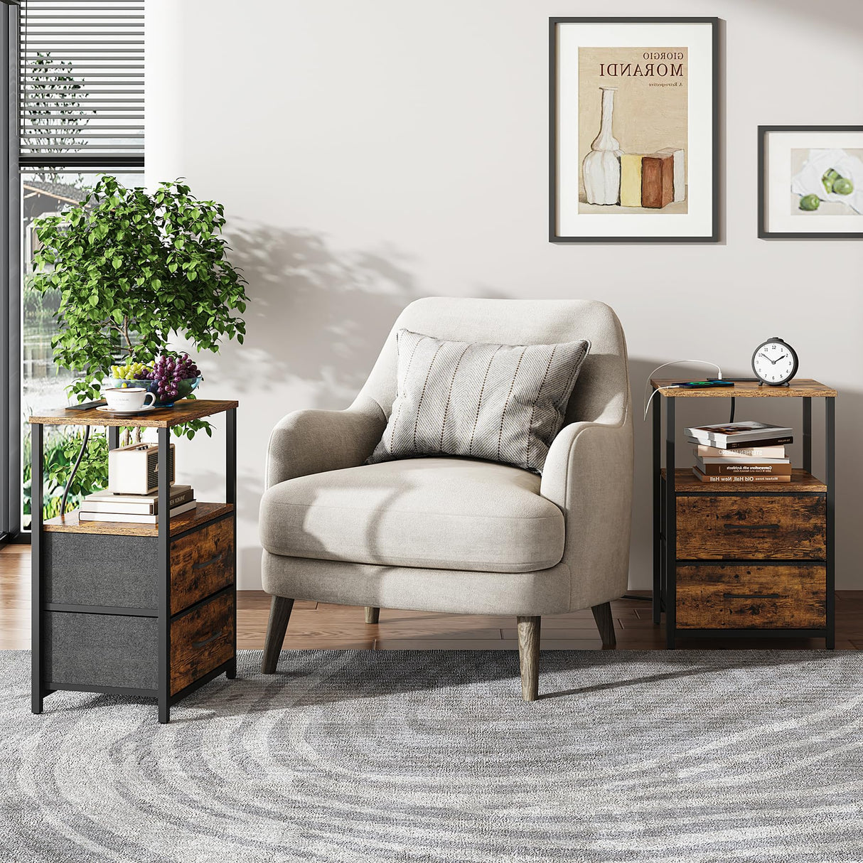 TUTOTAK End Table with Charging Station, Side Table with 2 USB Ports and Outlets, Nightstand with Cloth Drawer, Set of 2, Couch Table, Brown TB01BB052 TUTOTAK