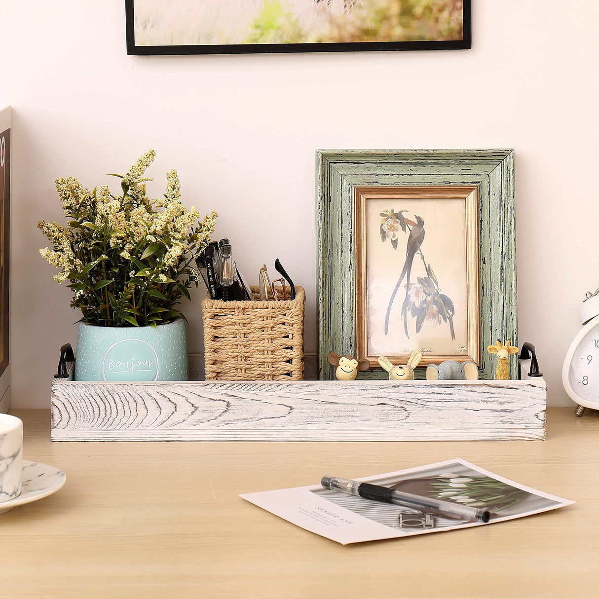 Rustic Wooden Serving Trays Rectangular with Handle,Ottoman Tray for Living Room 16 Inch Long for Serving Wine(whitewashed) SWT8CAI