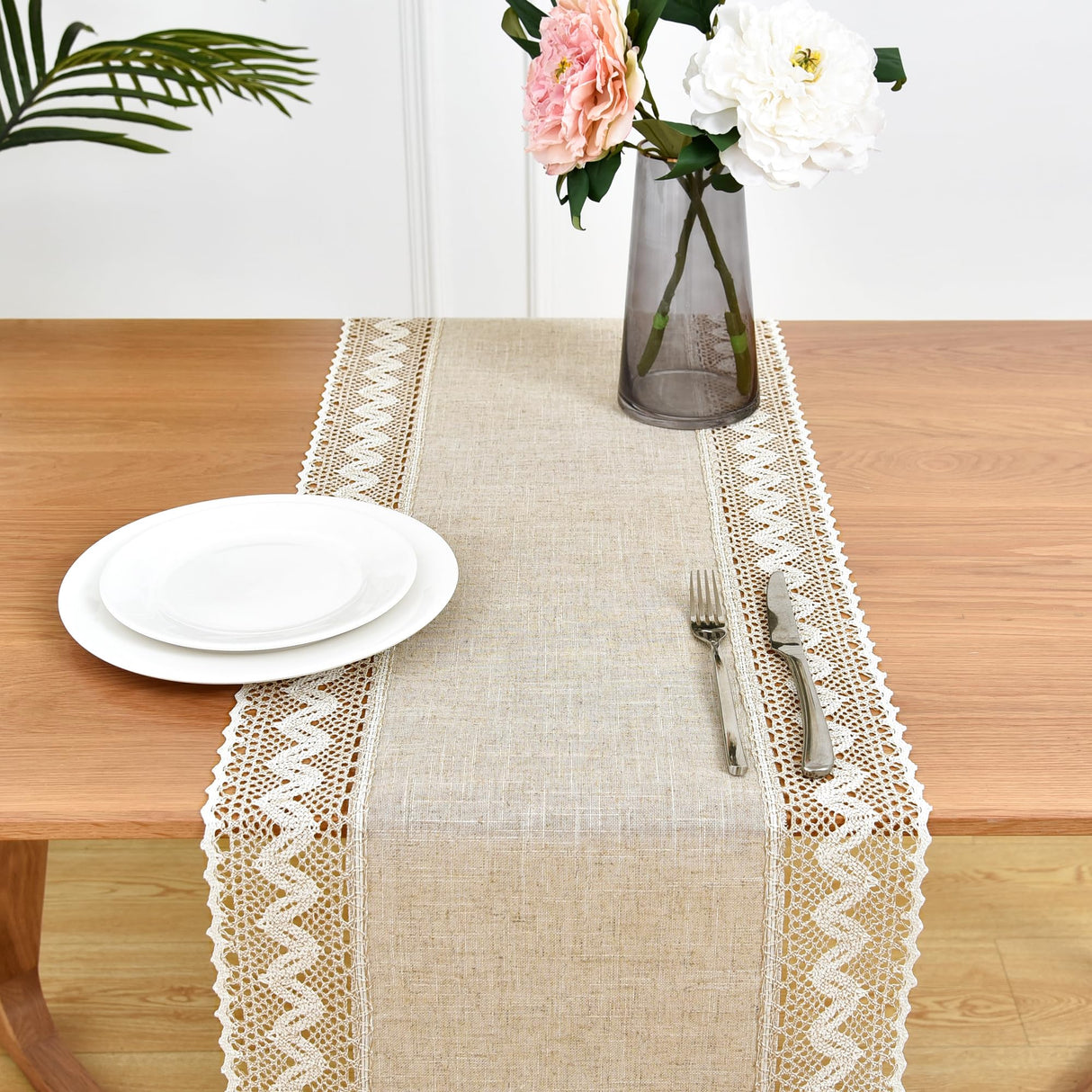 Linen Rustic Farmhouse Style Table Runner Beige Lace Basic Flax Decorative Dresser Scarf 48 Inch Trczzone