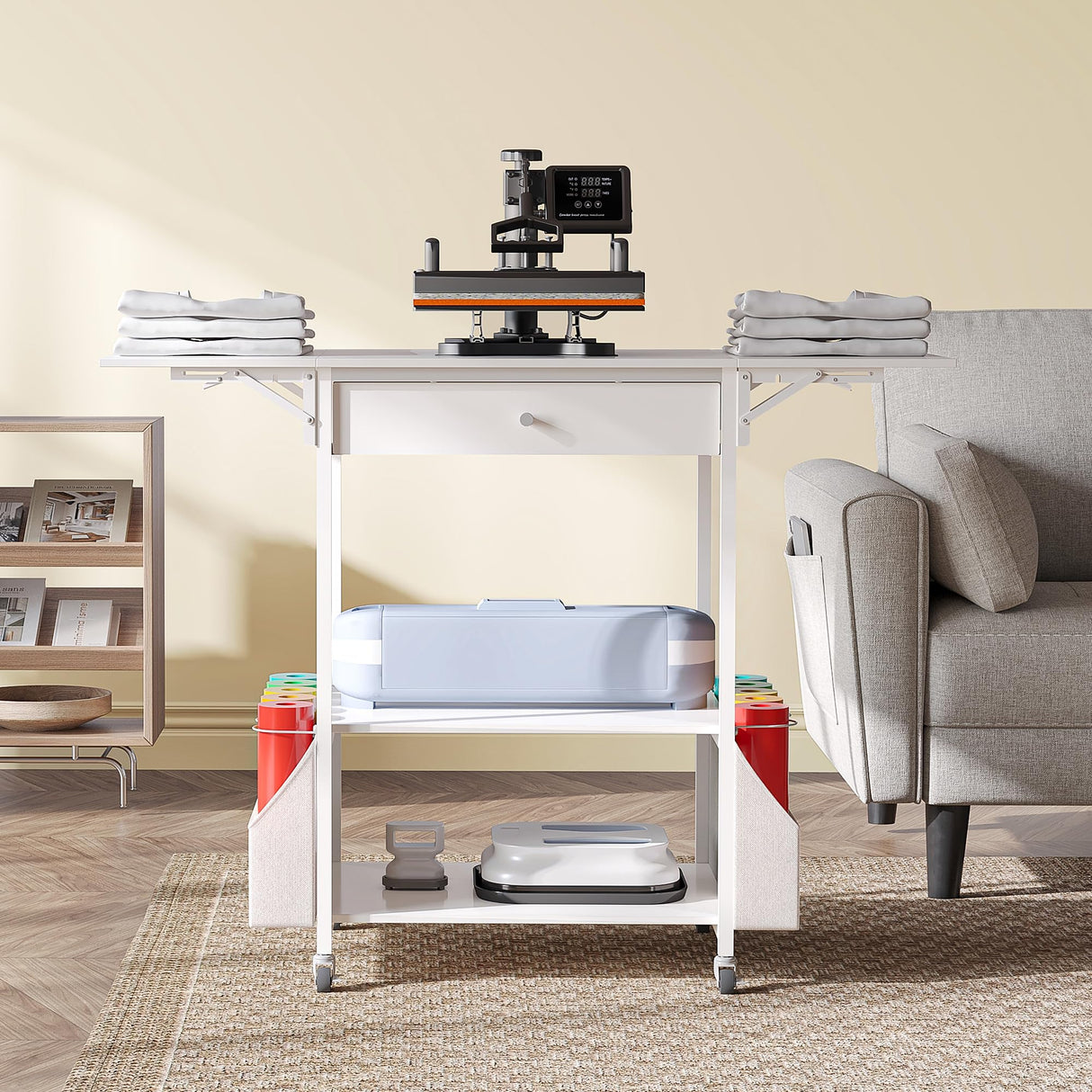 𝐂𝐫𝐚𝐟𝐢𝐭 Foldable Heat Press Table—Hold 36 Vinyl Rolls, Movable Heat Press Stand Cart with Storage Bag, Collapsible Heavy Duty Workbench for Sublimation, T-Shirts and Caps Heat Transfer Project Crafit