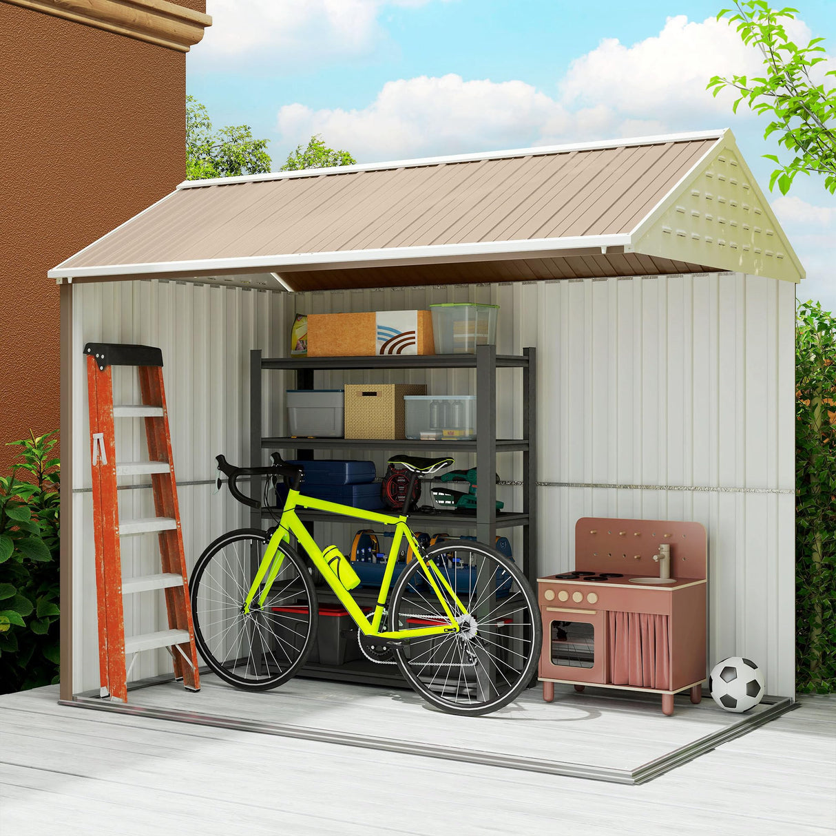 Outsunny 8' x 6' Outdoor Storage Shed, Metal Garden Shed with Window & Double Lockable Door, Outdoor Tool Shed Storage with Sloped Roof for Backyard, Patio, Garage, Lawn, Brown Outsunny