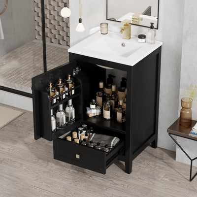 20" Bathroom Vanities with Ceramic Sink, Storage Rack Shelf and One Drawer, Solid Wood & MDF Board, Black