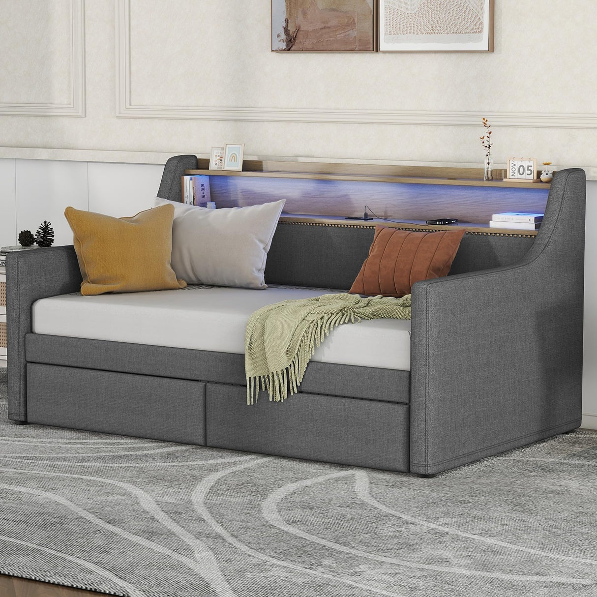 SLEERWAY Twin Daybed Frame, Linen Upholstered Day Bed with 2 Drawers, Headboard Storage Shelves, Charging Station and LED Lights, Wooden Daybed Sofa Bed for Home Living Room Bedroom, Grey SLEERWAY