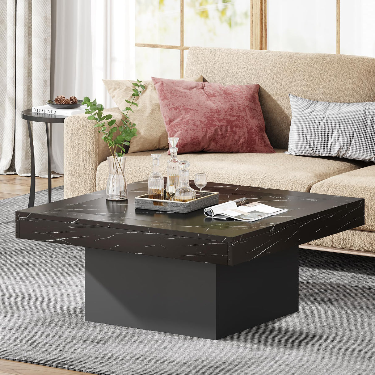 Tribesigns Coffee Table Square LED Coffee Table Engineered Wood Low Coffee Table for Living Room (Faux Marble Black+Black) Tribesigns