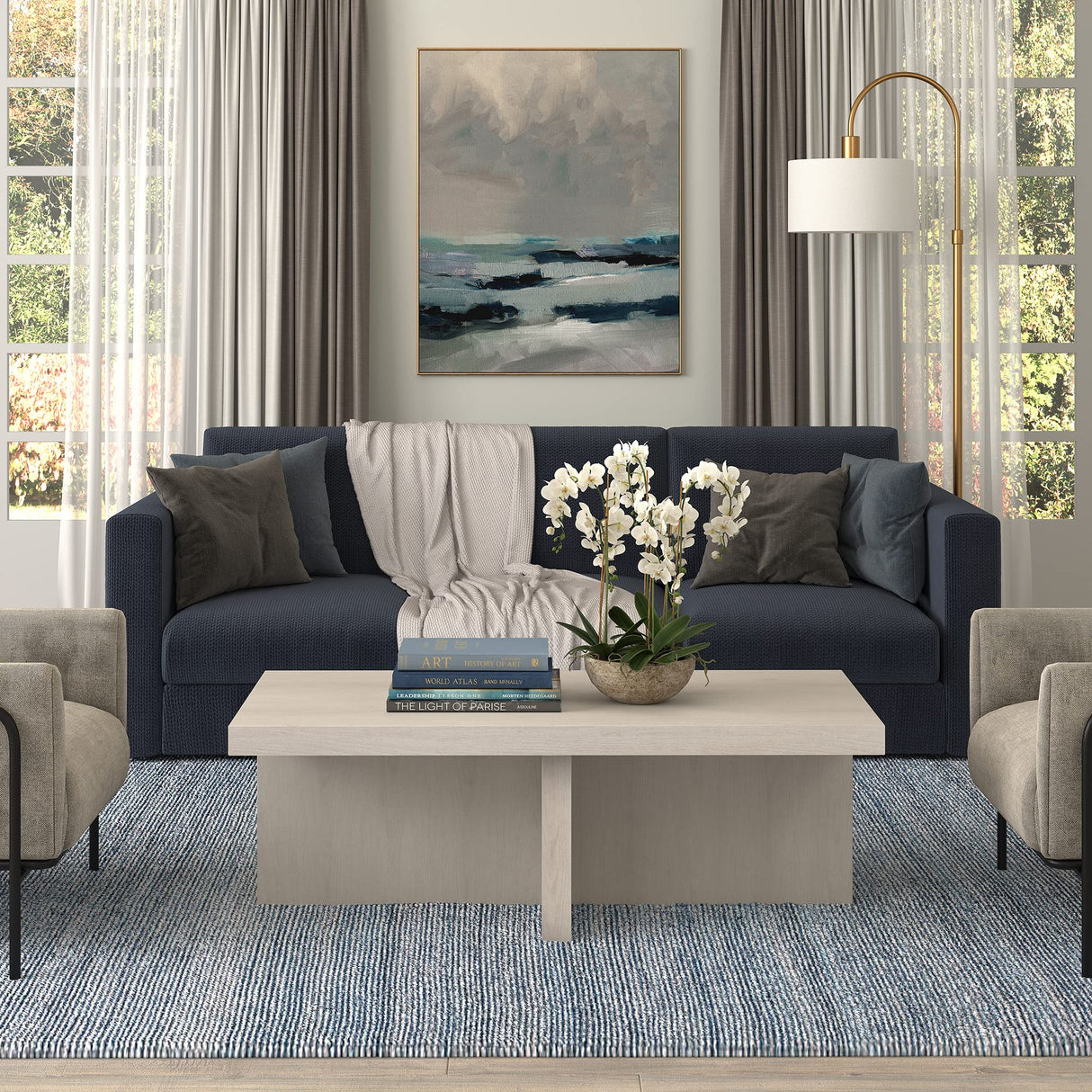 Henn&Hart 44" Wide Rectangular Coffee Table in Alder White, for Home, Living Room, Bedroom, Entertainment Room, Office Henn&Hart