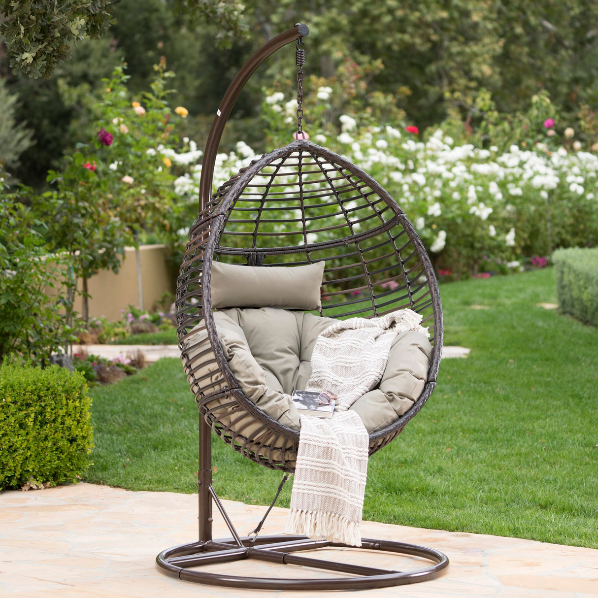 Roomfitters Outdoor Hanging Egg Chair with Woven Rattan Frame and Plush Cushion, Stand Not Included, Brown roomfitters