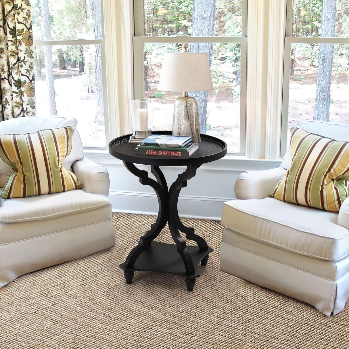 Wnutrees Farmhouse Round Accent End Table, Rustic Side Table Nightstands for Living Room Bedroom, Wood Tray Top, Handcrafted Finish, Set of 2, Black Wnutrees