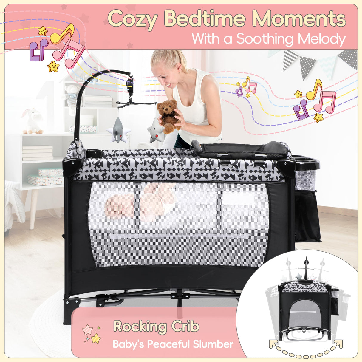 Xilingol 5-in-1 Baby Bassinet Bedside Sleeper, Baby Pack and Play with Changing Table, Portable Baby Crib with Carry Bag, Cosleeper Bassinet Attach to Bed for Newborn to Toddlers Xilingol