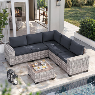 Muphyers 6-Piece Outdoor Patio Furniture Set Wicker Sectional Sofa Set, Patio Conversation Set with Thickened Cushions & Coffee Table for Garden, Backyard, Poolside, Dark Grey