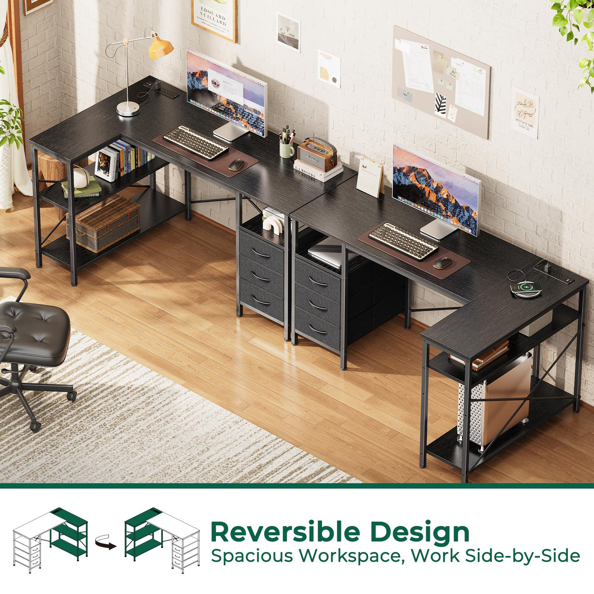 Huuger L Shaped Desk with Power Outlets, Computer Desk with 3 Drawers, 47 Inch Office Desk with Shelves, Gaming Desk, Corner Desk Work Desk for Home Office, Study, Black Huuger