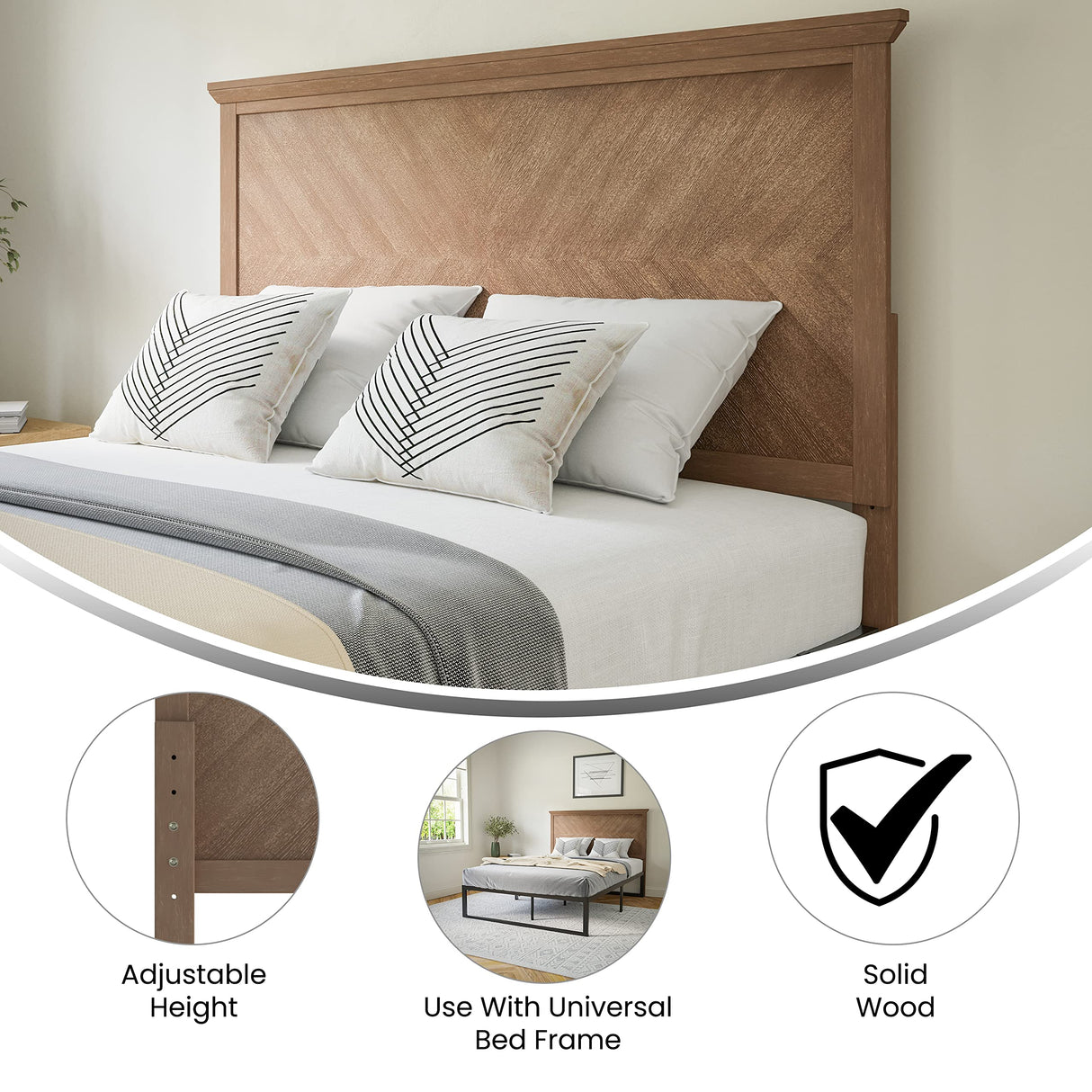 EMMA + OLIVER Frenti Full Size Wooden Headboard Only, Herringbone Patterned Adjustable Headboard in Light Brown EMMA + OLIVER