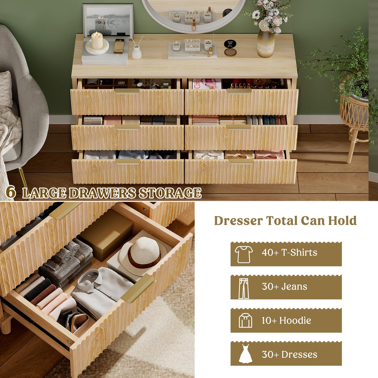 Lulive Dresser for Bedroom Wood Dressers Chest of Drawers, Fluted 53.2" Wide Modern Long Dresser TV Stand 6 Drawers for Bedroom, Closet, Living Room, Hallway (Natural) Lulive