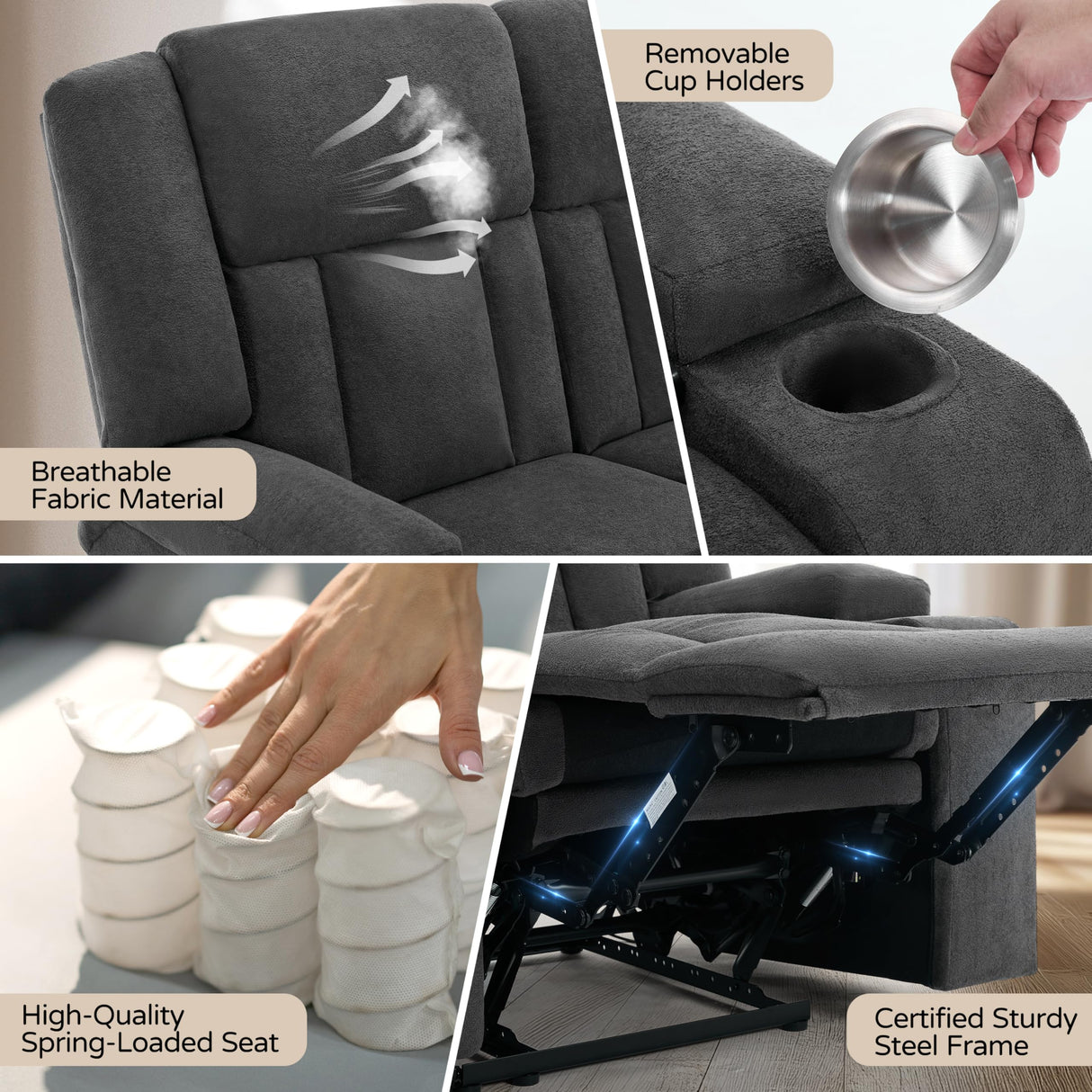 AIWOEN Recliner Sofa with Cup Holders, 4-Seater Fabric Reclining Couch, Manual Recliner Wall Hugger for Living Room, Home Theater (Dark Gray) AIWOEN