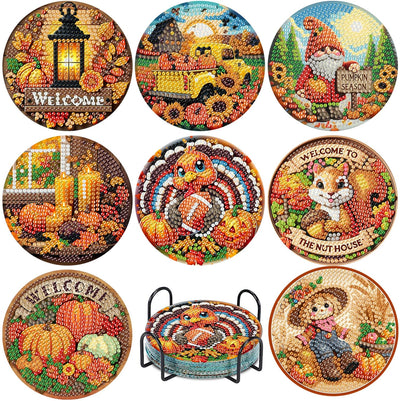8 Pcs Fall Diamond Art Painting Coasters Kits,Thanksgiving Day Coaster with Holder for Adults, Non-Slip DIY Dot Paint Craft Kits,5D Full Drill DIY Diamond Dot Gem Art Kit Home Decor Arts Craft
