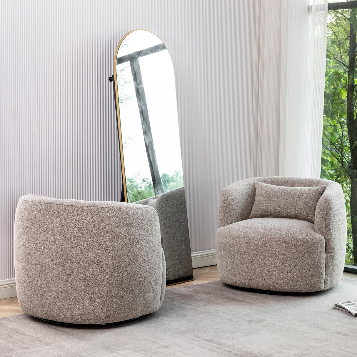 KINWELL 34" Wide Boucle Swivel Barrel Chairs Set of 2, No Assembly Round Upholstered Armchairs Accent Chairs Single Sofa Chair with Toss Pillow for Living Room and Bedroom, Taupe KINWELL