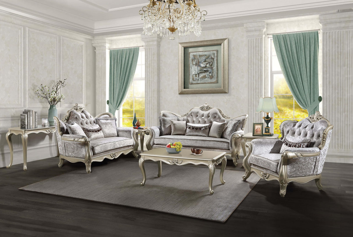 Acme Libertee Upholstered Loveseat with 3 Pillows in Beige and Champagne Acme