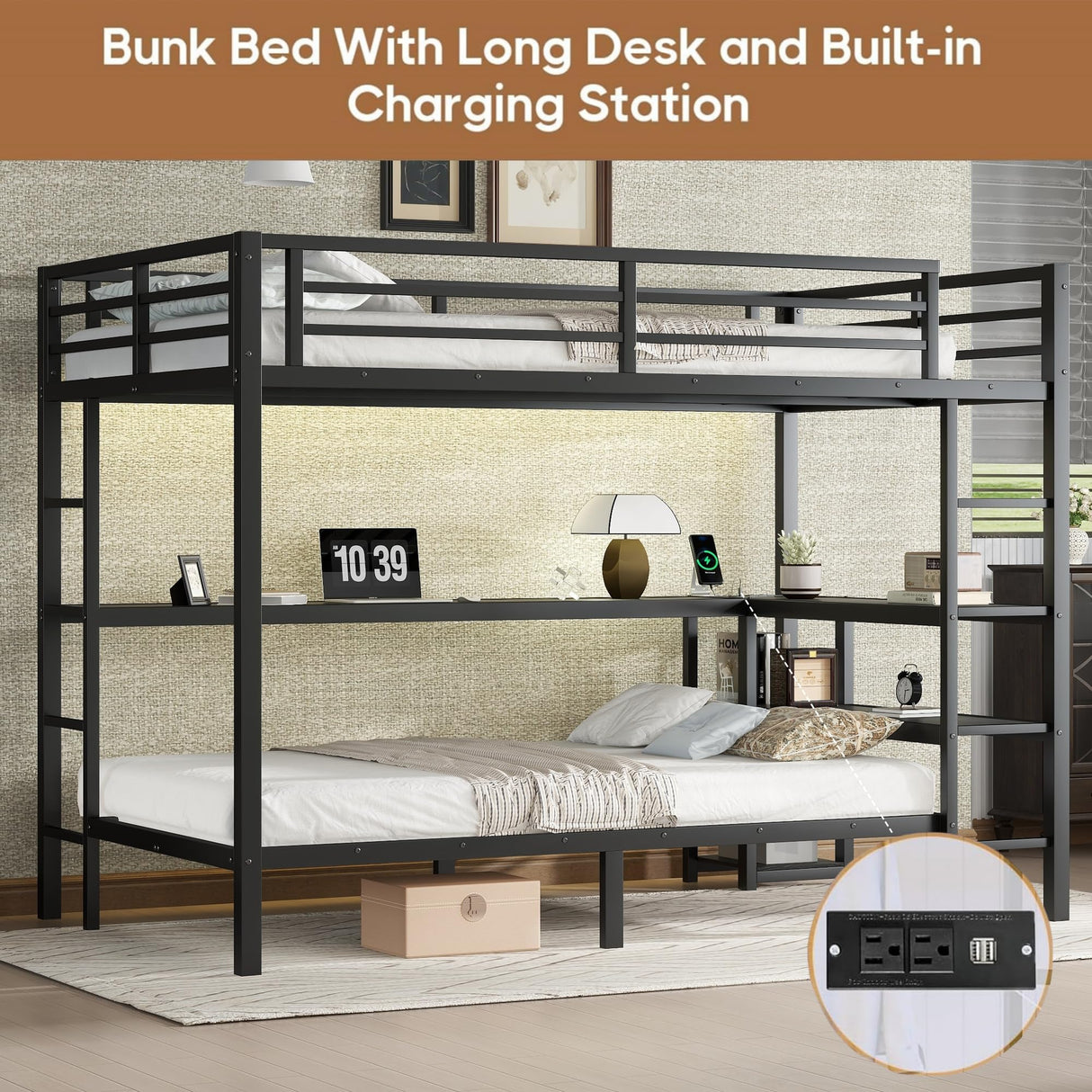 AEMSOFK Full Over Twin Bunk Bed with Desk and USB, Convertible Desk, Metal Full Size Over Twin Loft Bed with Led & Storage Shelves for Teen,Safety Guardrail & Ladder,No Box Spring Needed(Black) AEMSOFK