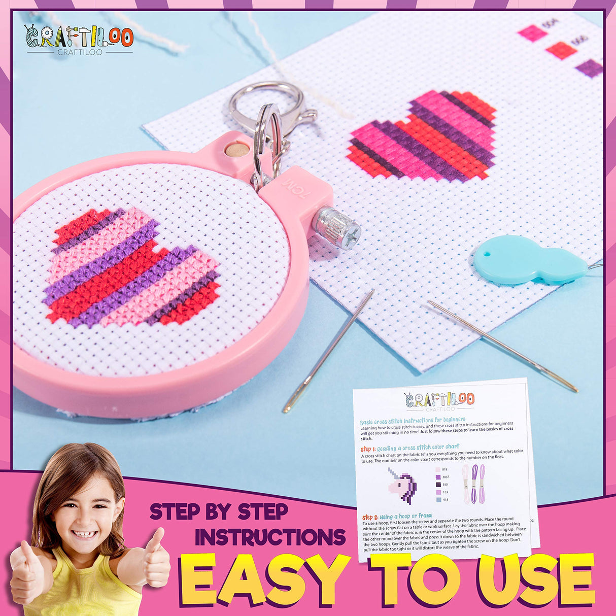 Cross Stitch Kits for Beginners. 5 Stamped Cross Stitch Kits for Kids.Needlepoint Kits for Beginners. Embroidery Kit for Kids. Crossstitch Kit for Beginners. Girls Cross Stitch kit Backpack Charms CRAFTILOO
