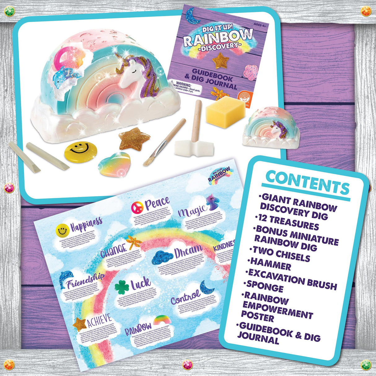MindWare Dig It Up! Rainbow Shaped Discovery for Girls - Kit Includes 13 Charms for Find, 2 Chiseling Tools, Hammer, Excavation Brush, Sponge, Poster and Guidebook - Ages 4 and Up MindWare