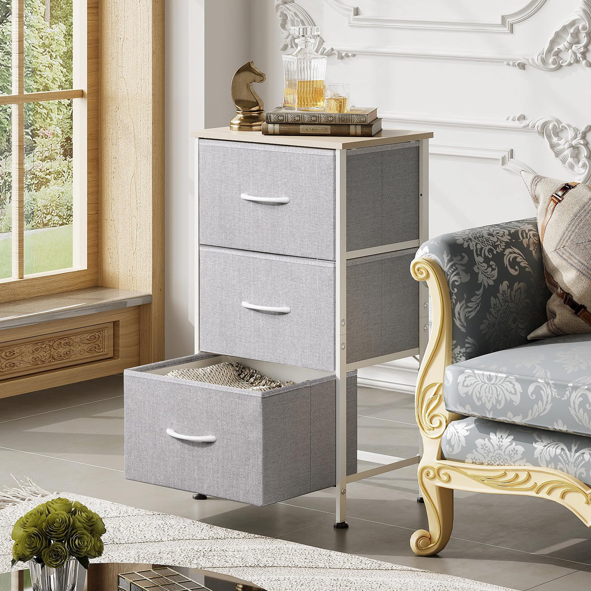 WLIVE Nightstand with 3 Drawers, Fabric Dresser, Organizer Unit, Storage Dresser for Bedroom, Hallway, Entryway, Closets, Sturdy Steel Frame, Wood Top, Easy Pull Handle, Light Grey WLIVE