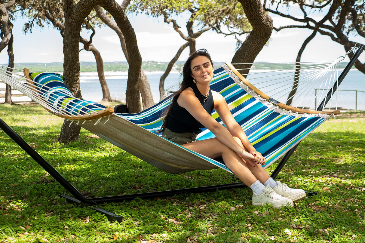 SUPERJARE Hammock with Stand, 2 Person Heavy Duty Hammock with Padded Cotton, Detachable Pillow & Strong Curved-Bar & Portable Carrying Bag, Perfect for Outdoor & Indoor - Dark Cyan SUPERJARE