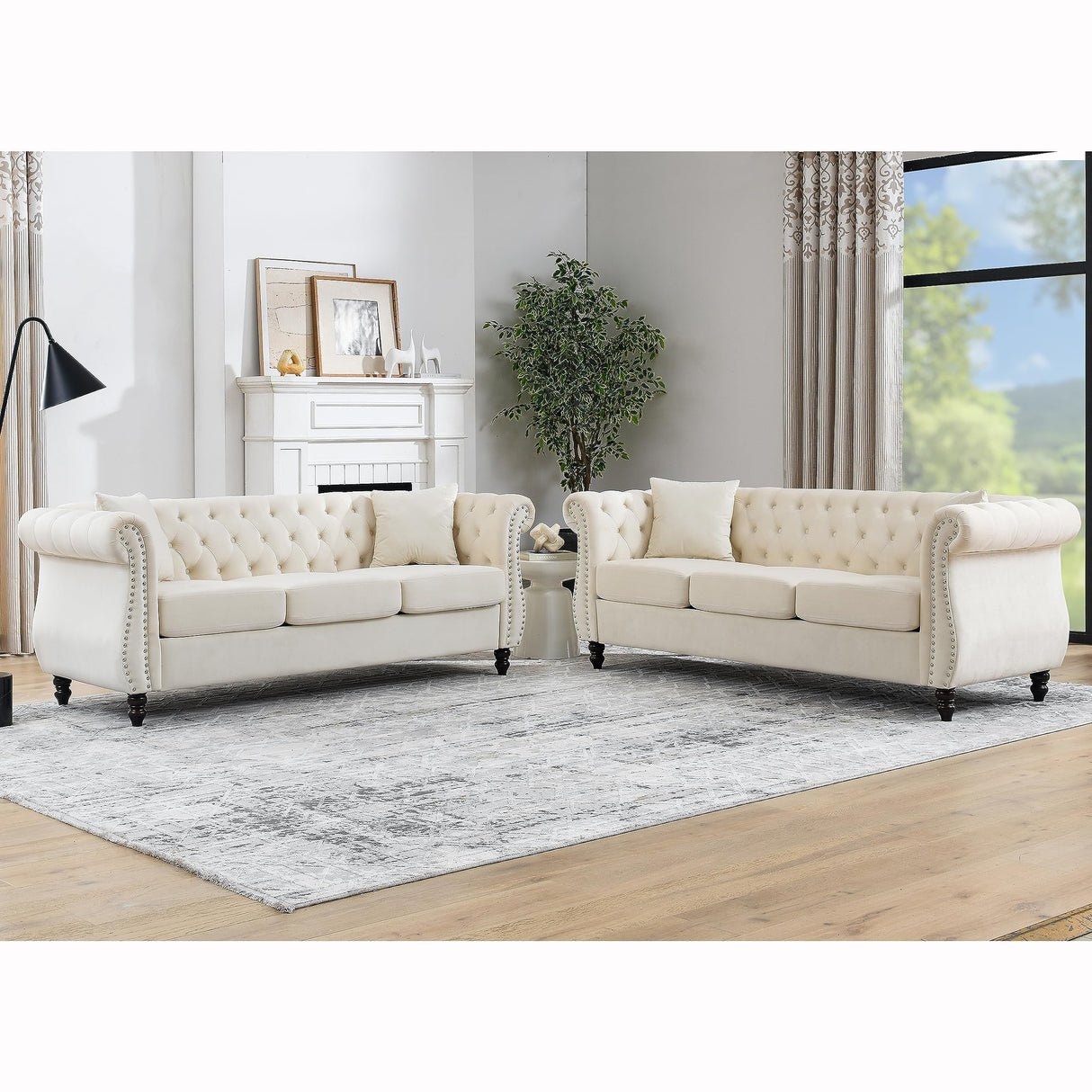 80" 2 Piece 3-Seater Velvet Chesterfield Sofa for Living Room,Combination Sofa with 4 Pillows,Button Tufted Trimming Curved Backrest Rolled Arms with Black Legs (Beige, 80" 3+3 Seat Velvet Sofa Sets) eluvatery